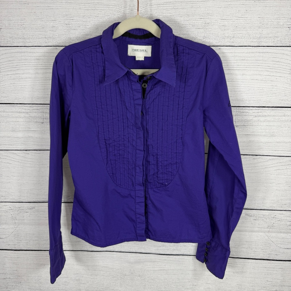 Diesel Girls Purple Button Front Pintuck Shirt Sz S Youth 6-8